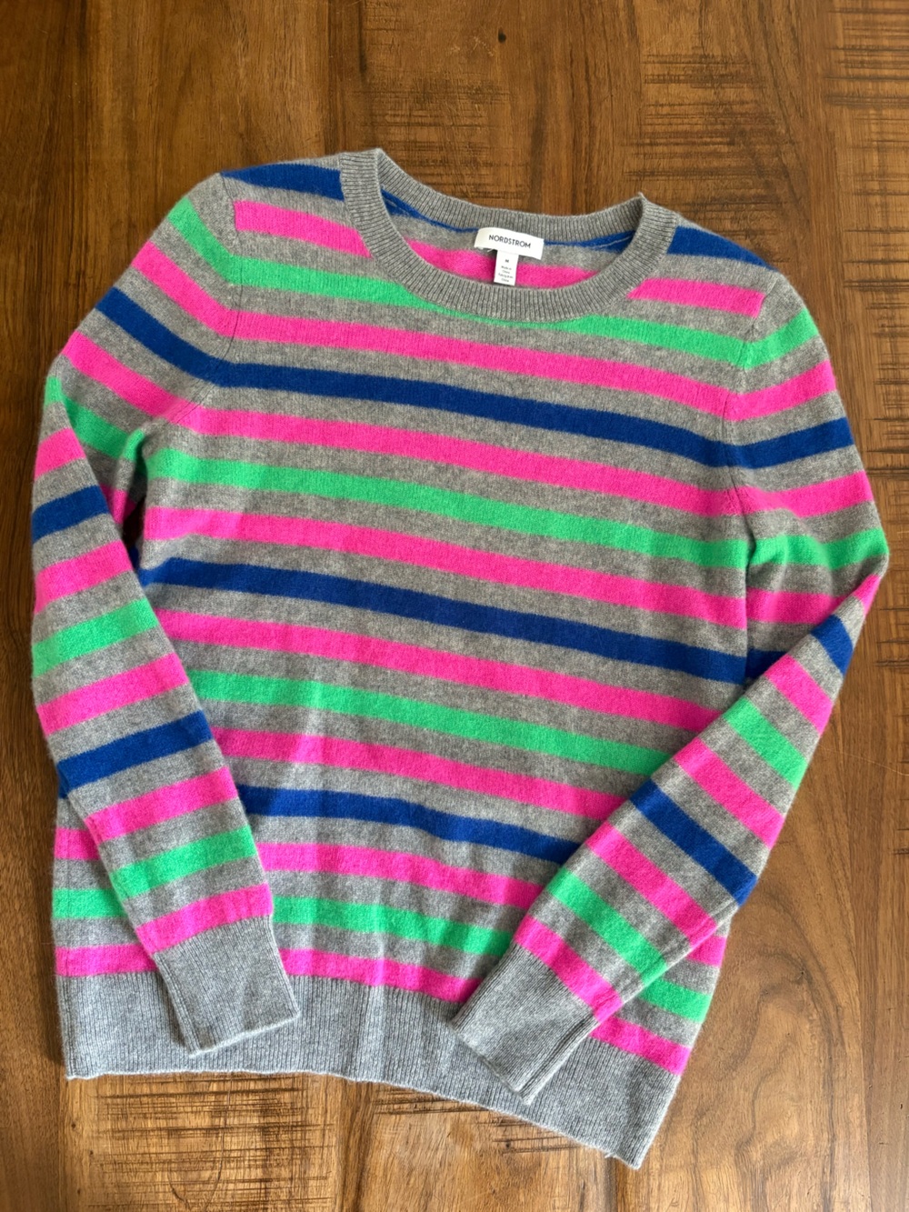 Nordstrom Cashmere Gray Crewneck Sweater with Pink, Green & Blue Stripes